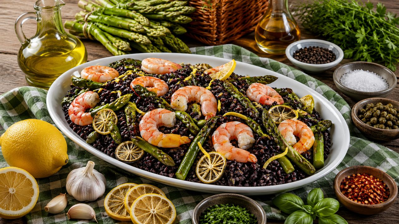 Insalata di riso venere con gamberi di Sanremo e asparagi