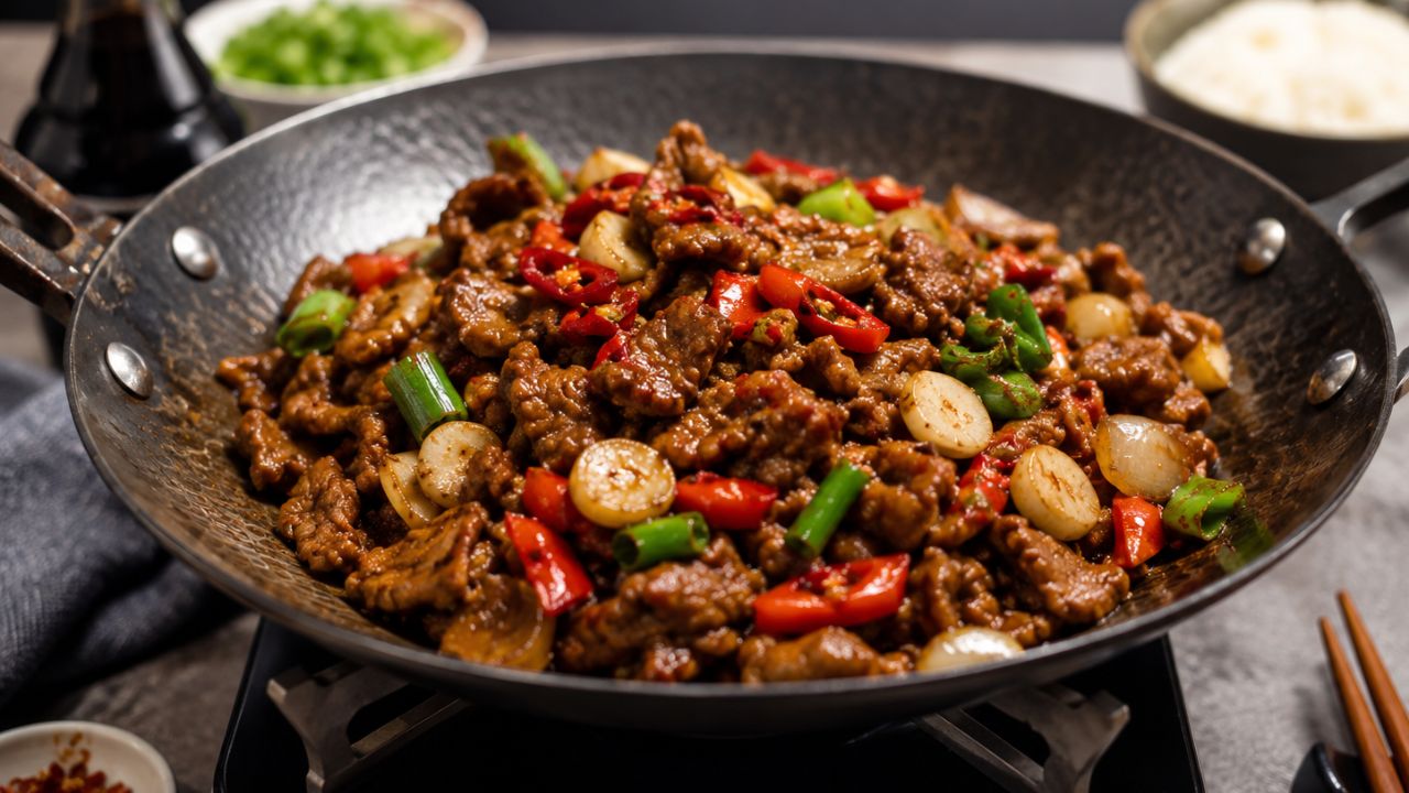 Manzo saltato con cipolle e peperoncino