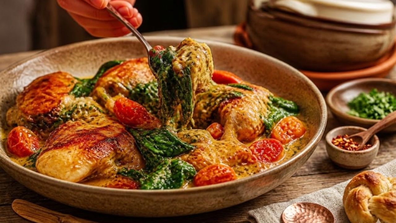 Pollo cremoso con spinaci e pomodorini